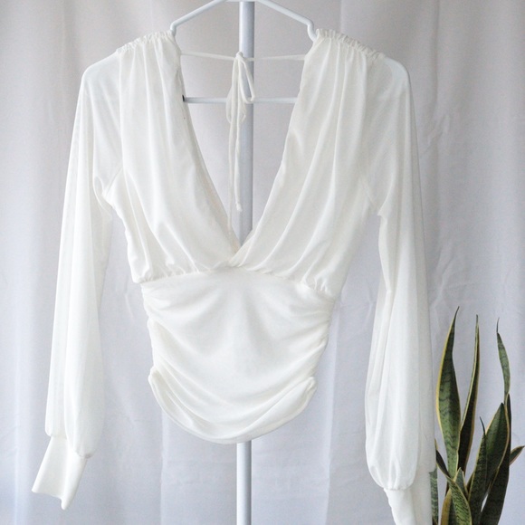COPY - WHITE SEMI MESH VNECK BLOUSE - Picture 2 of 4